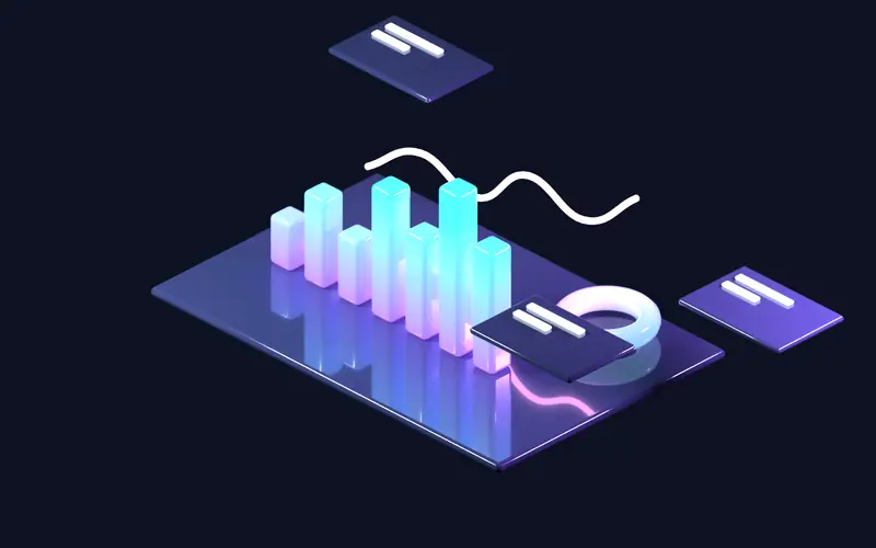 Yüzen cam paneller ve parlayan grafik çubuklarından oluşan 3D panel görseli