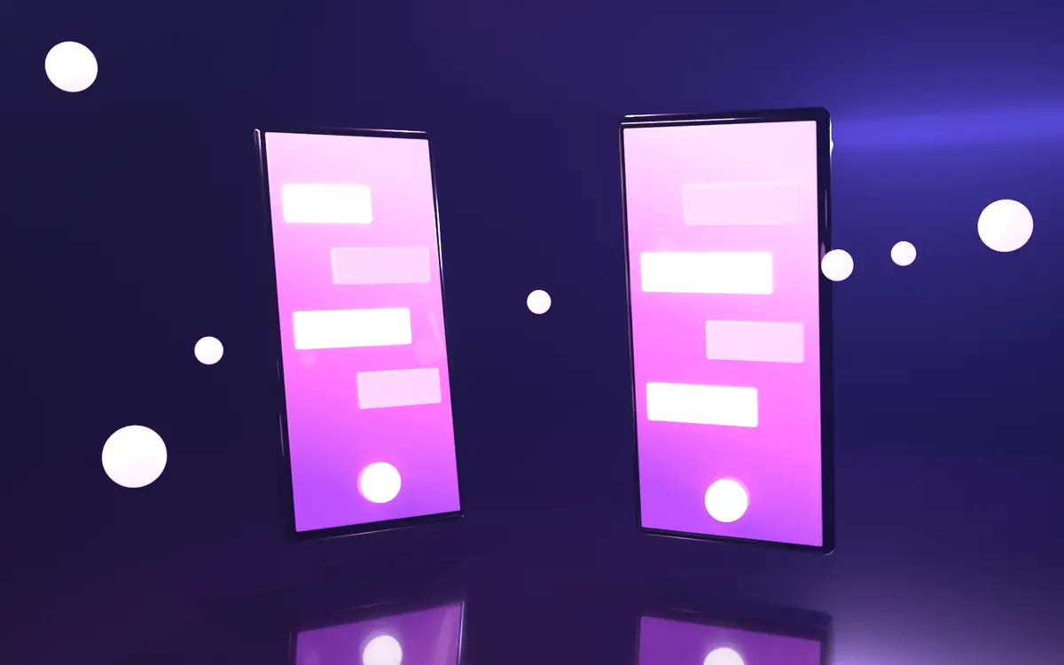 Pembe ekranlı iki akıllı telefonun 3D görseli