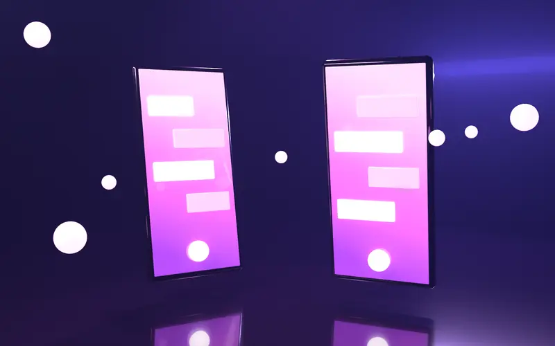 Pembe ekranlı iki akıllı telefonun 3D görseli